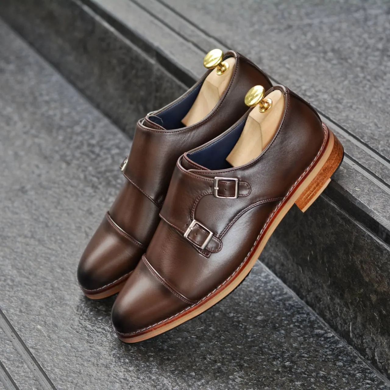 504 Men's Double Monk Strap Shoes in Mocha Paint with Painted Finish