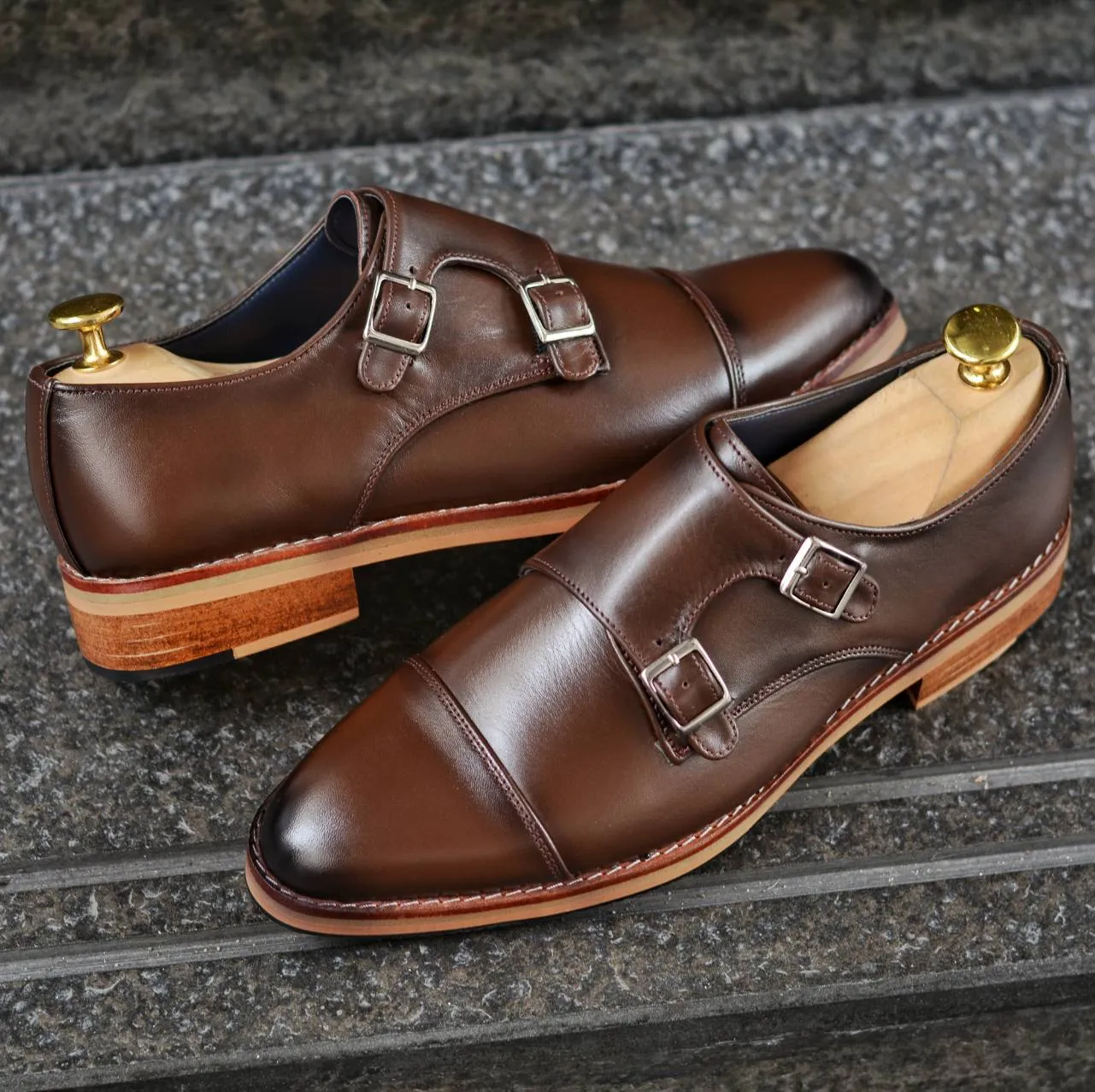 504 Men's Double Monk Strap Shoes in Mocha Paint with Painted Finish