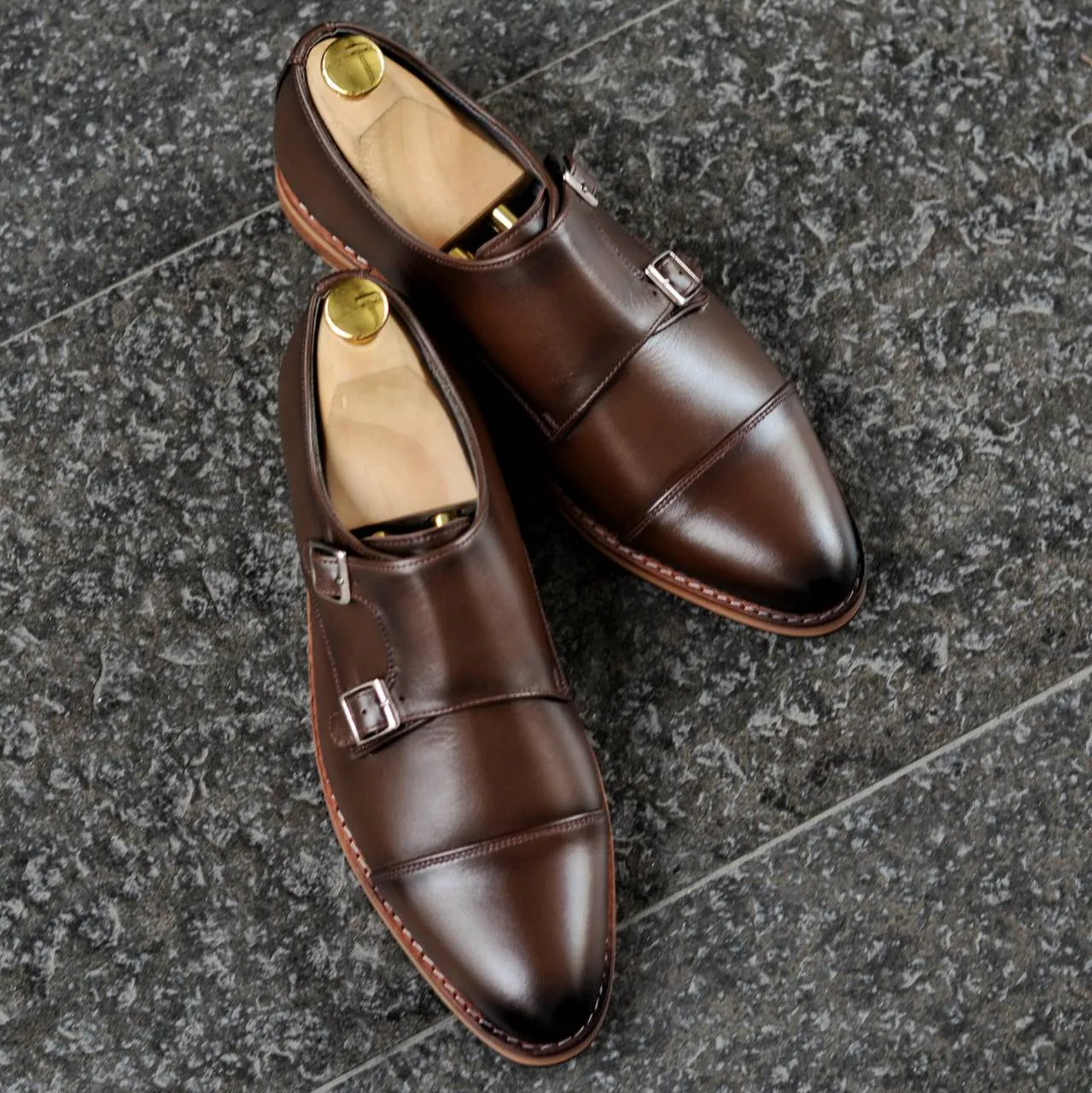 504 Men's Double Monk Strap Shoes in Mocha Paint with Painted Finish