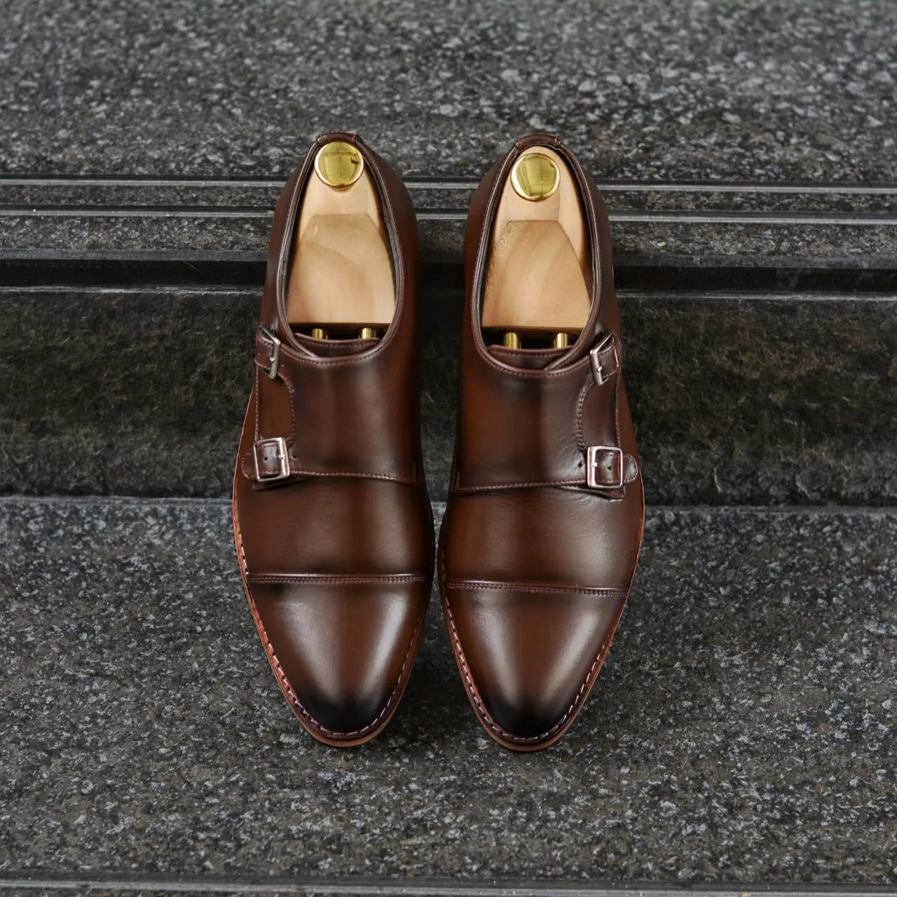 504 Men's Double Monk Strap Shoes in Mocha Paint with Painted Finish