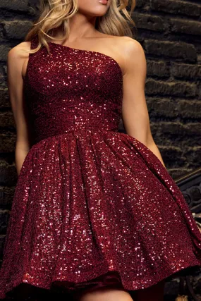 Burgundy Sequin One Shoulder A Line Homecoming Party Dress QH2334