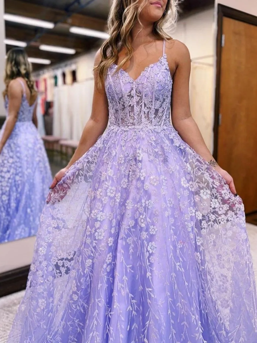 A Line Spaghetti Straps Lilac Corset Prom Dress with Appliques