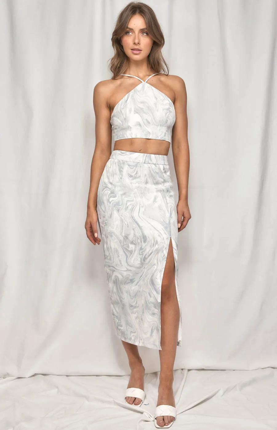 Abstract Printed Set with Halter Neck Crop and Skirt (WSE258B) 