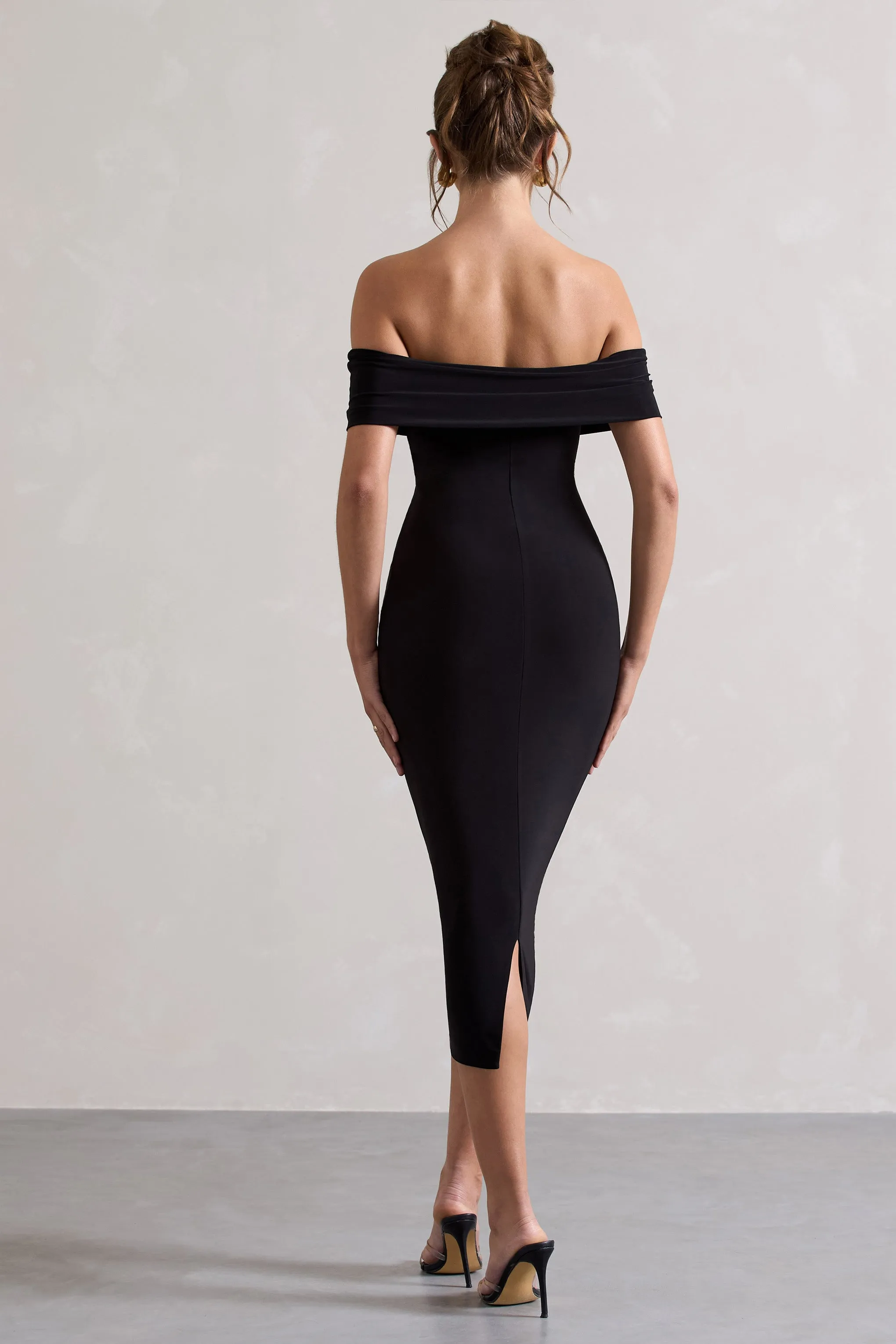 Averie Black Bodycon Off the Shoulder Midi Dress