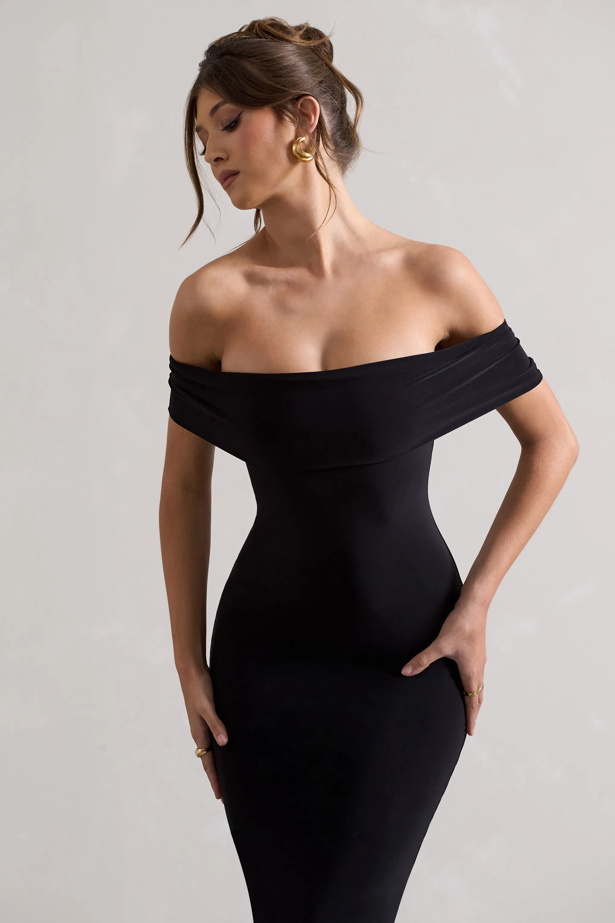 Averie Black Bodycon Off the Shoulder Midi Dress