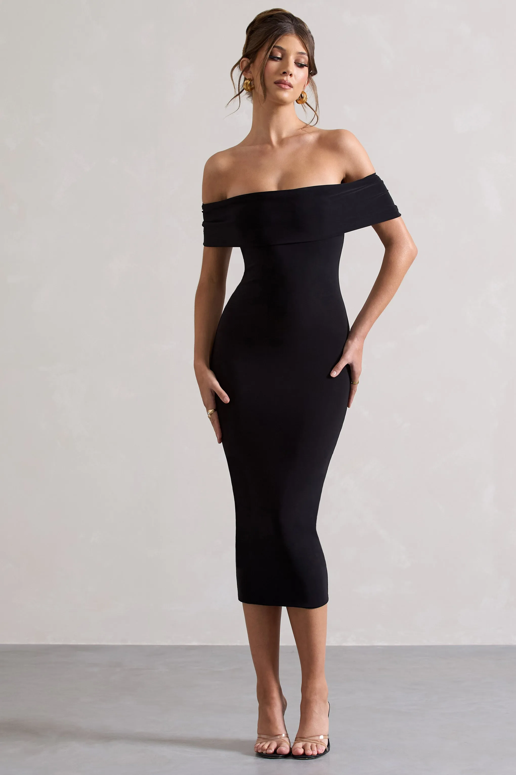 Averie Black Bodycon Off the Shoulder Midi Dress