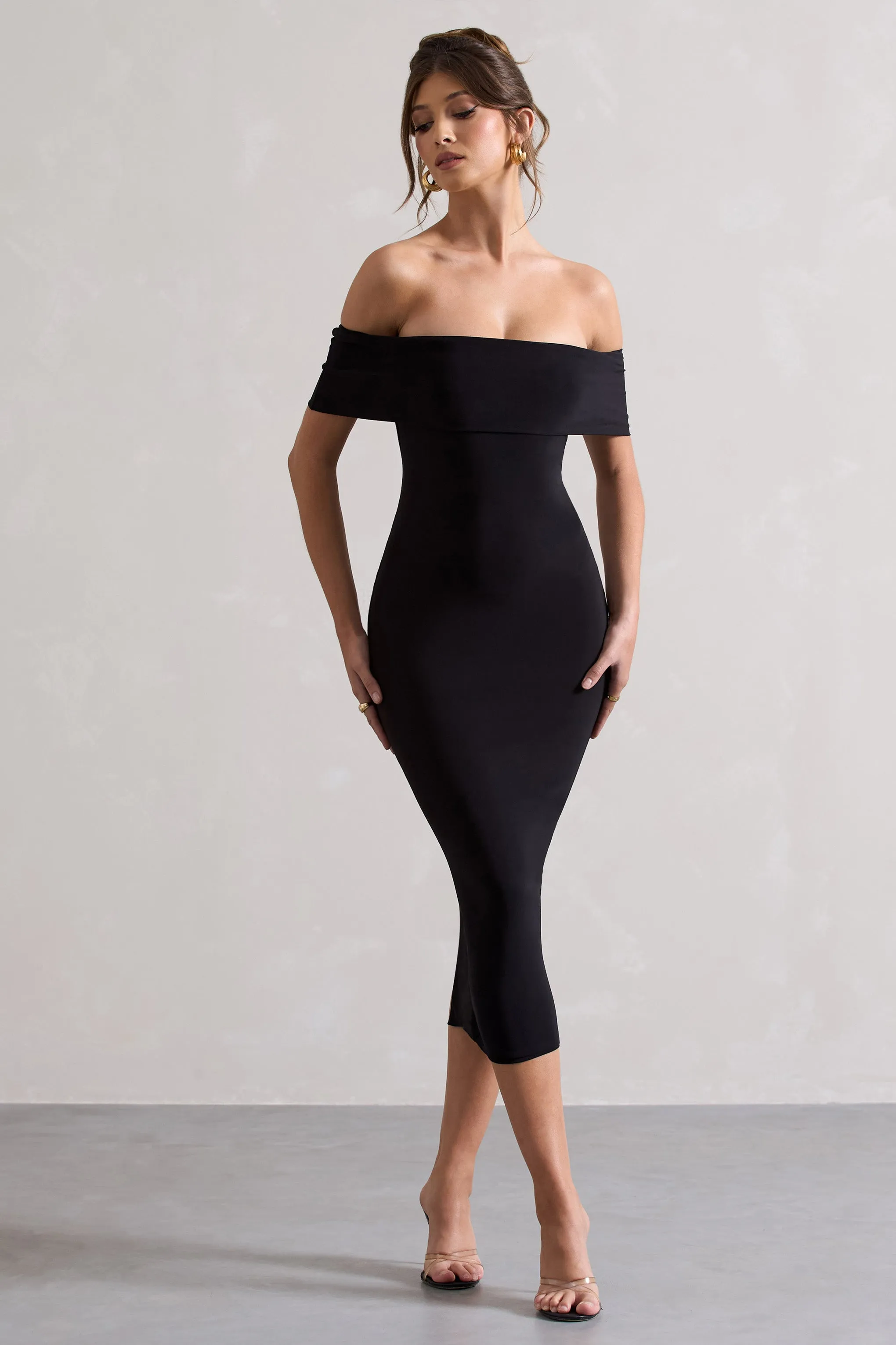 Averie Black Bodycon Off the Shoulder Midi Dress