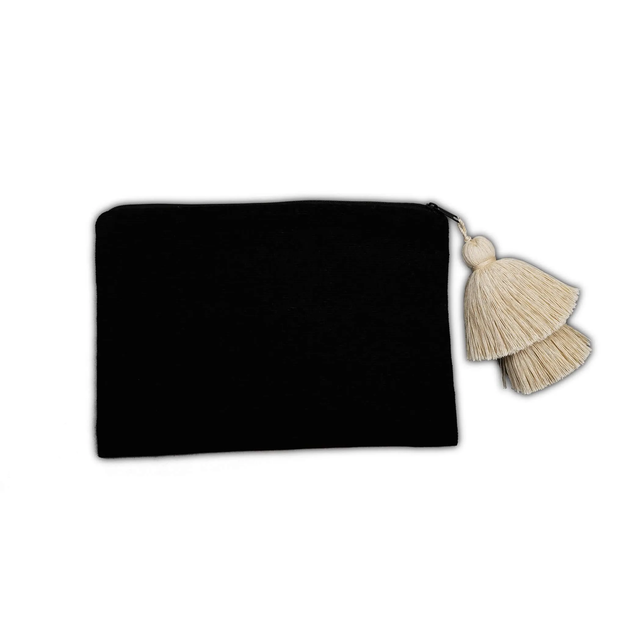 Black Cotton Pouch with Cream Tassel