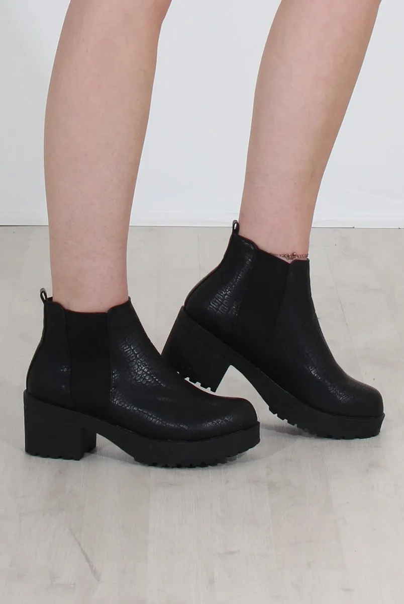 Black Crocodile Print Ankle Boots