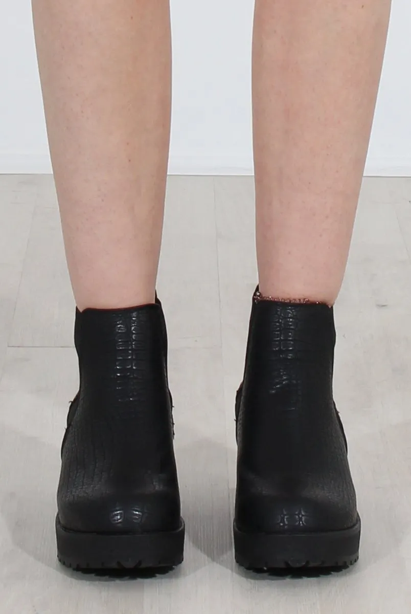 Black Crocodile Print Ankle Boots