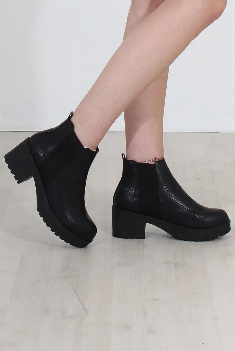 Black Crocodile Print Ankle Boots