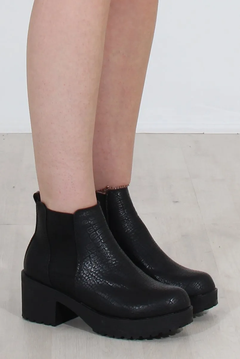 Black Crocodile Print Ankle Boots