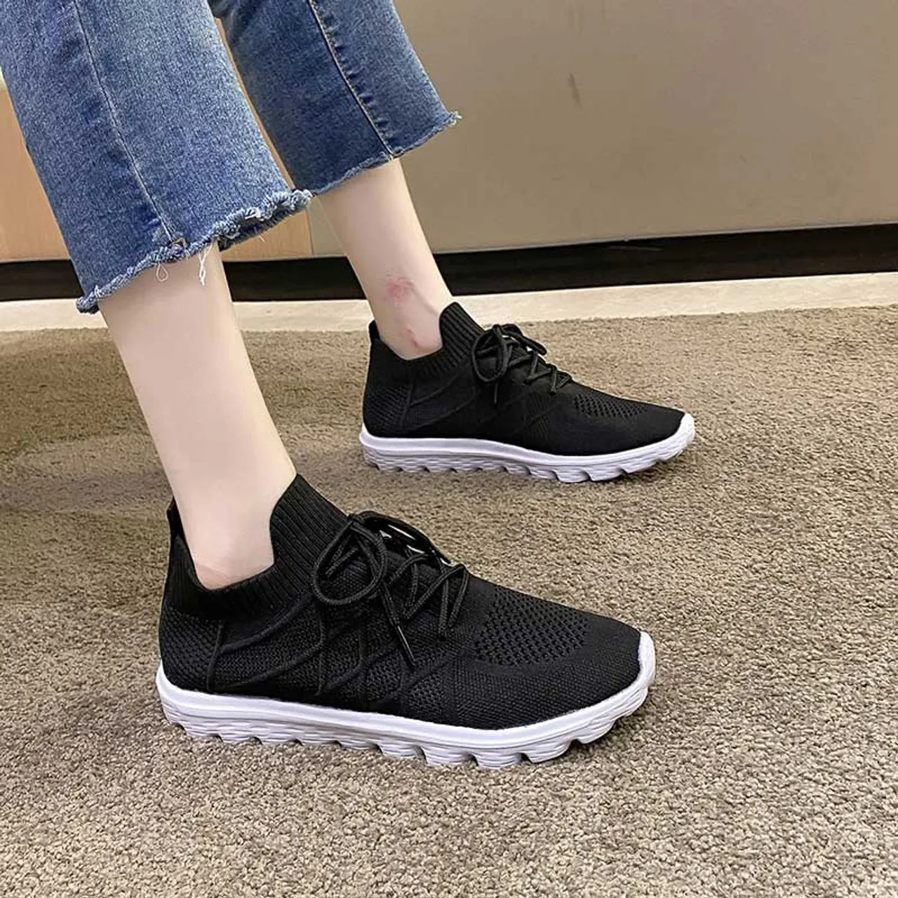 Black Flyknit Sneaker with Stripe Texture - Casual Shoe 2949