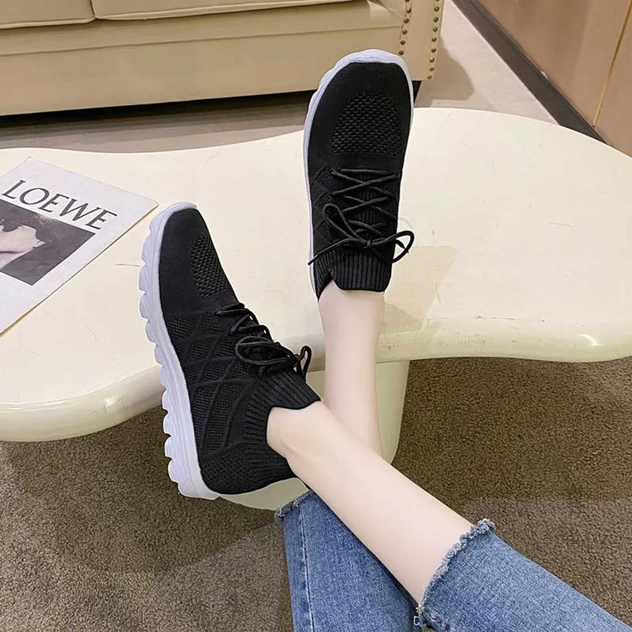 Black Flyknit Sneaker with Stripe Texture - Casual Shoe 2949