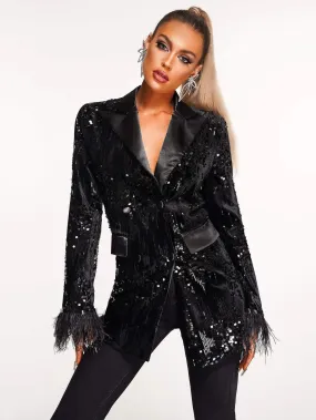 Black Sequin Blazer Jacket with Turndown Collar and Long Sleeves - Outerwear