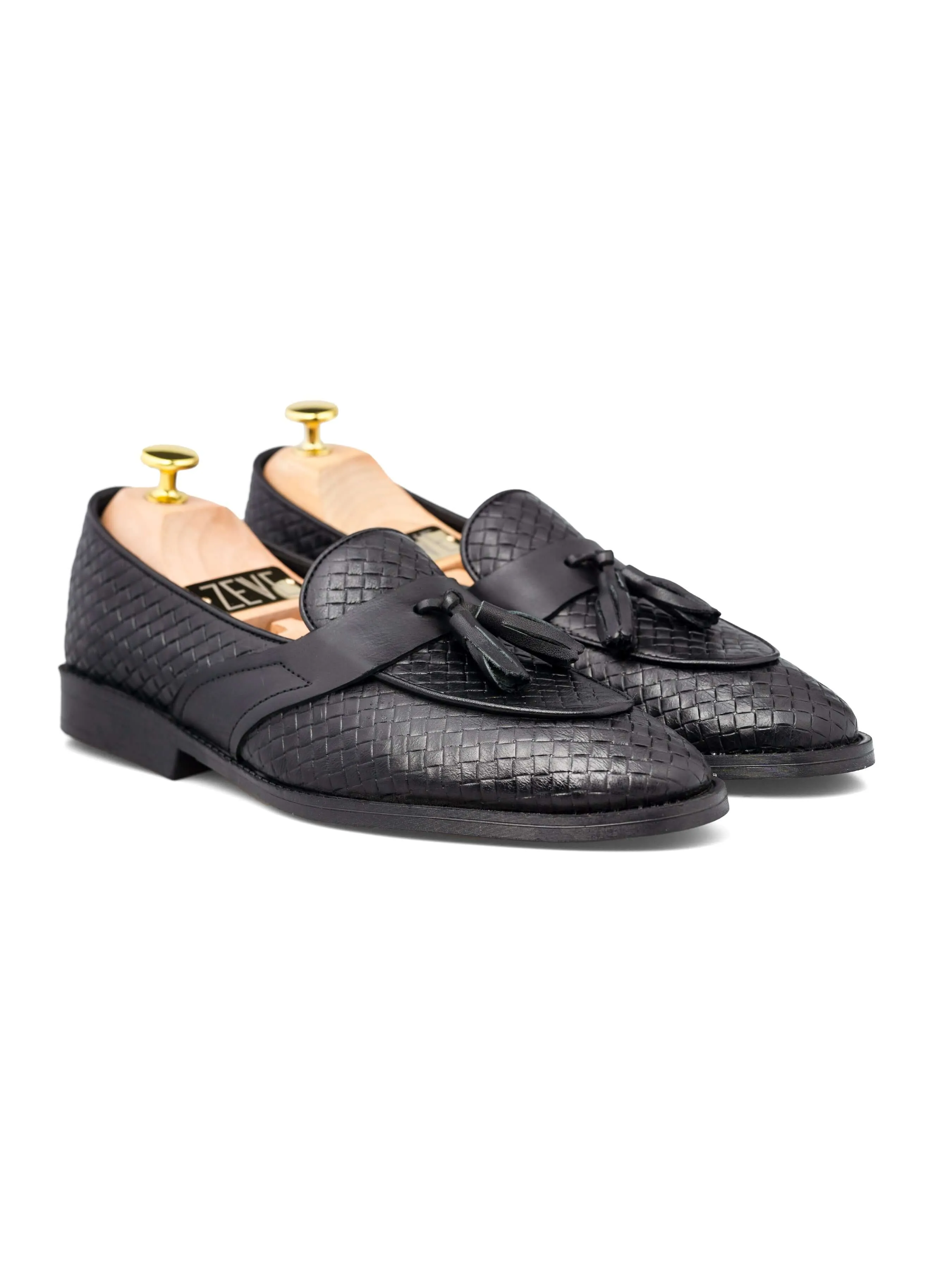 Black Woven Leather Tassel Loafer with Solid Strap - Flexi Sole