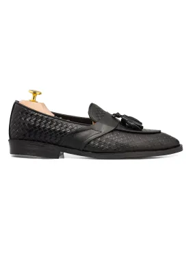 Black Woven Leather Tassel Loafer with Solid Strap - Flexi Sole