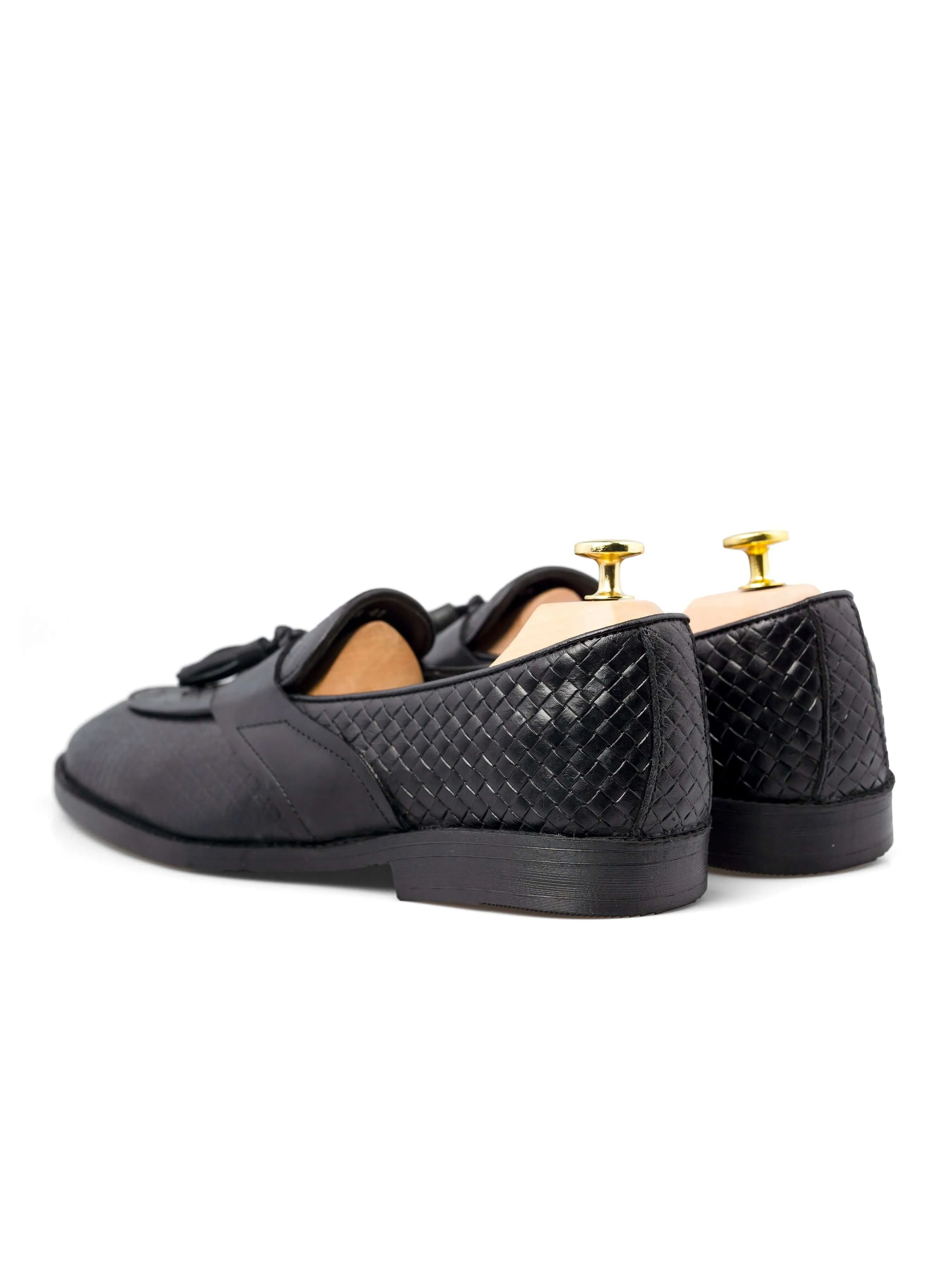 Black Woven Leather Tassel Loafer with Solid Strap - Flexi Sole