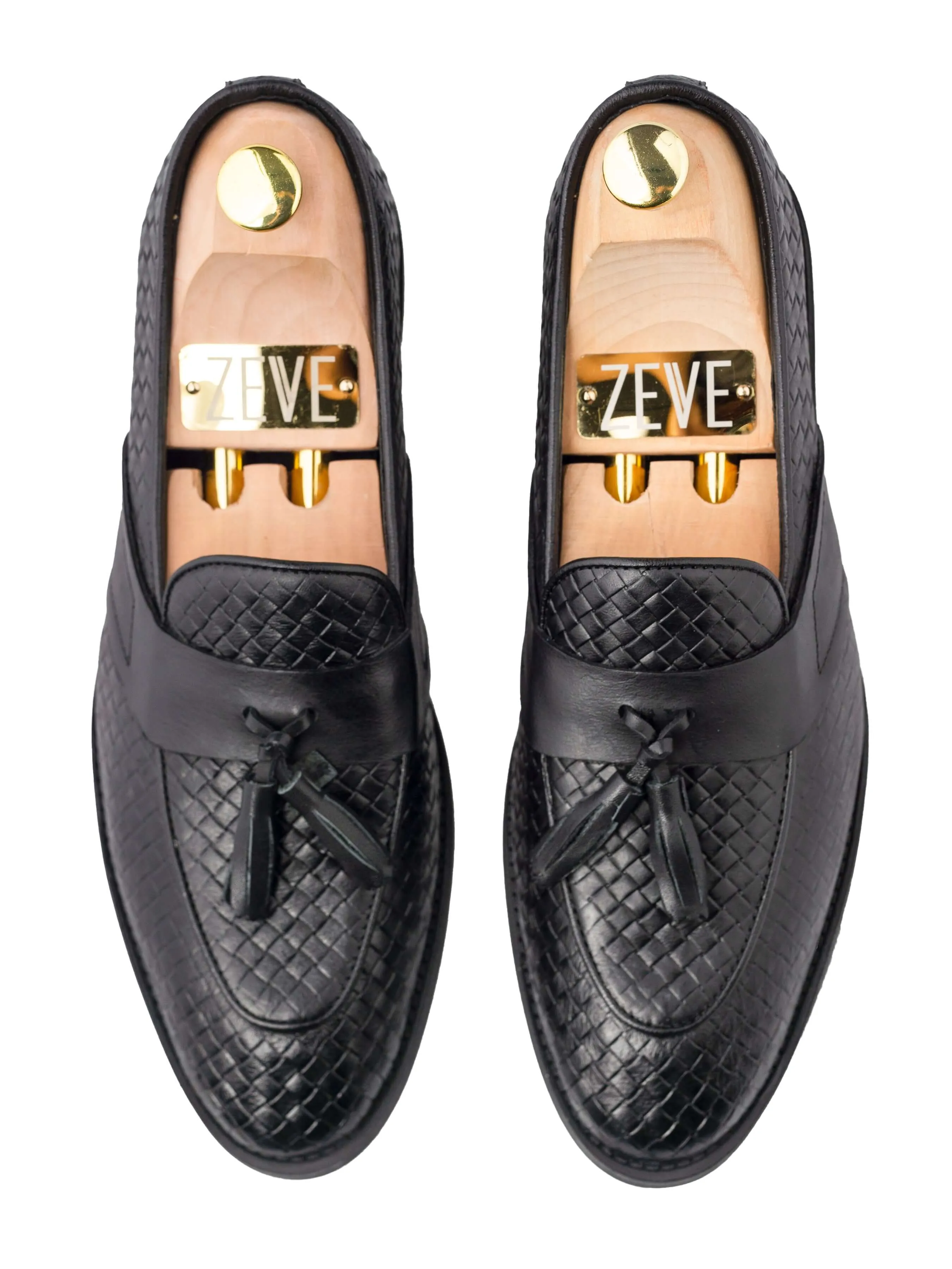 Black Woven Leather Tassel Loafer with Solid Strap - Flexi Sole