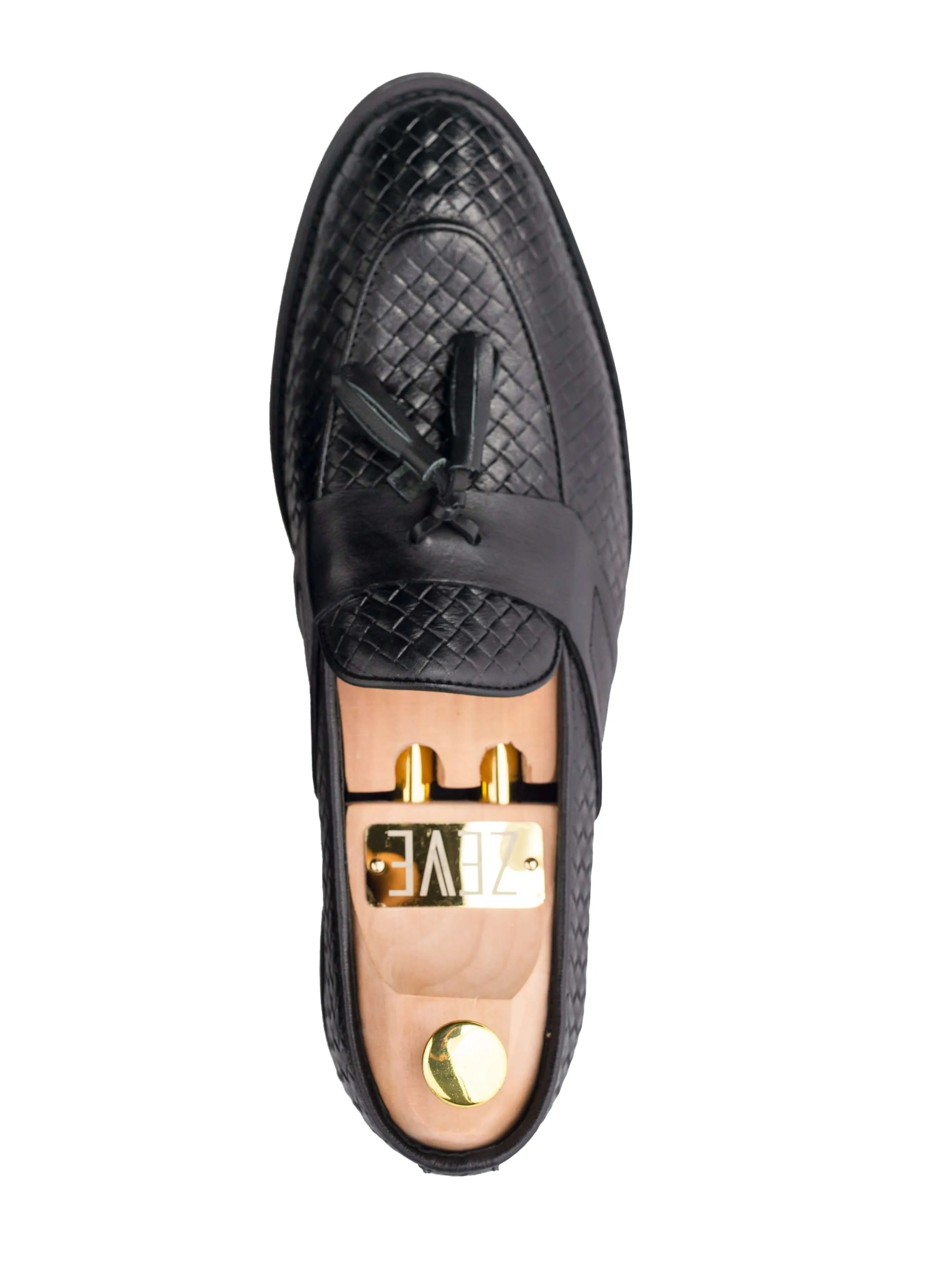 Black Woven Leather Tassel Loafer with Solid Strap - Flexi Sole