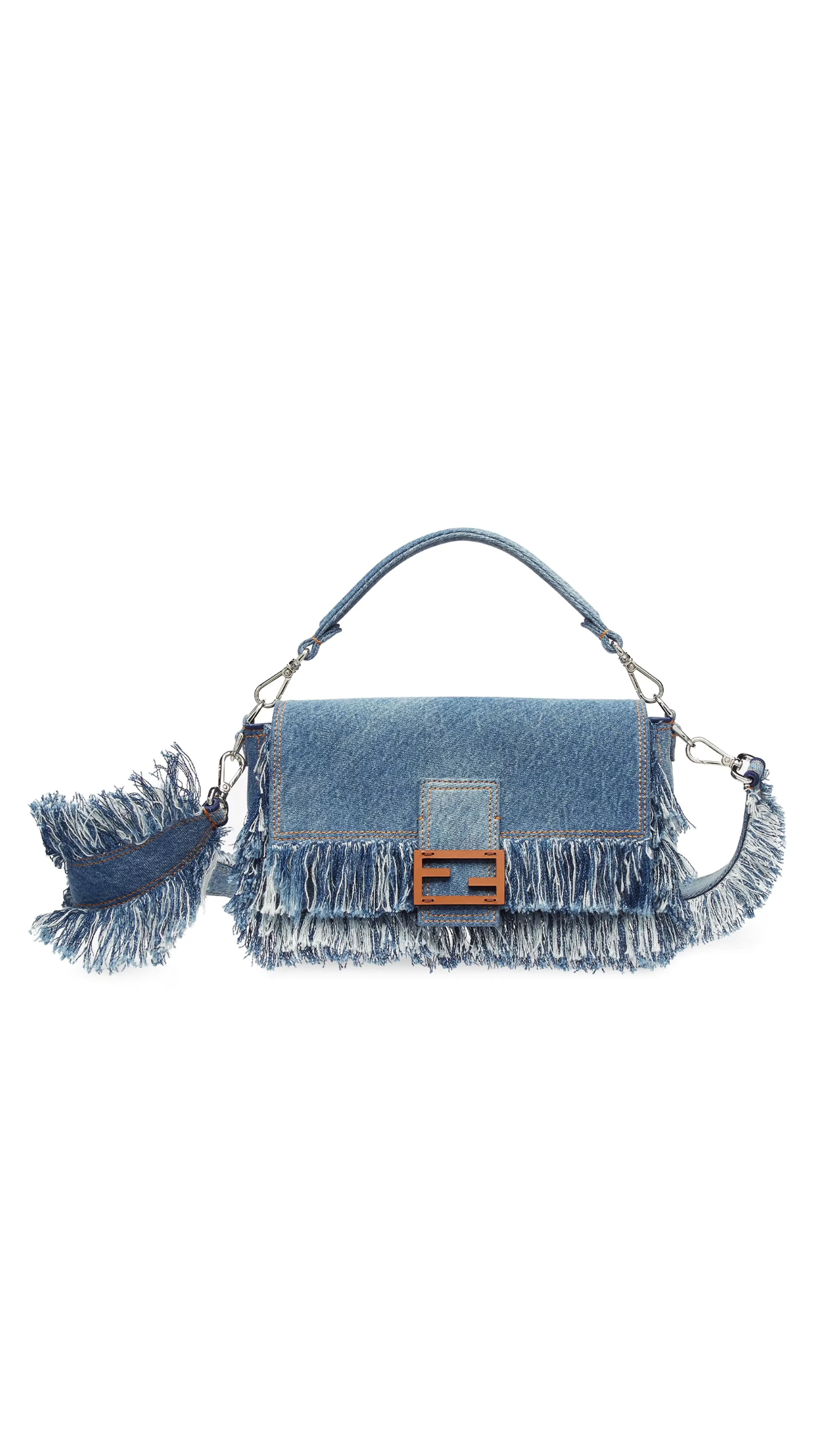 Blue Denim Fringed Baguette Bag