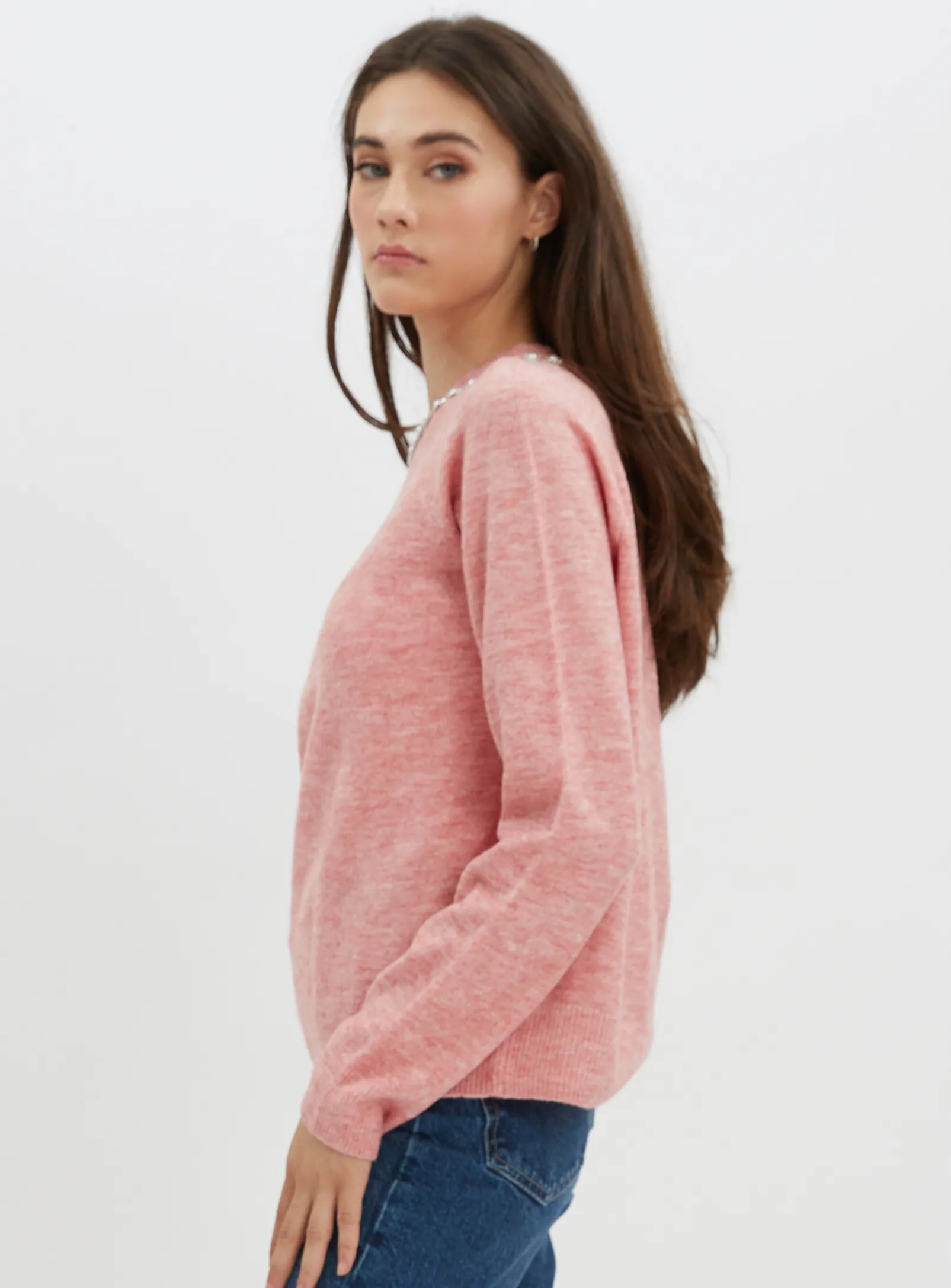 CHARLIE Round Neck Sweater with Jewel Neckline