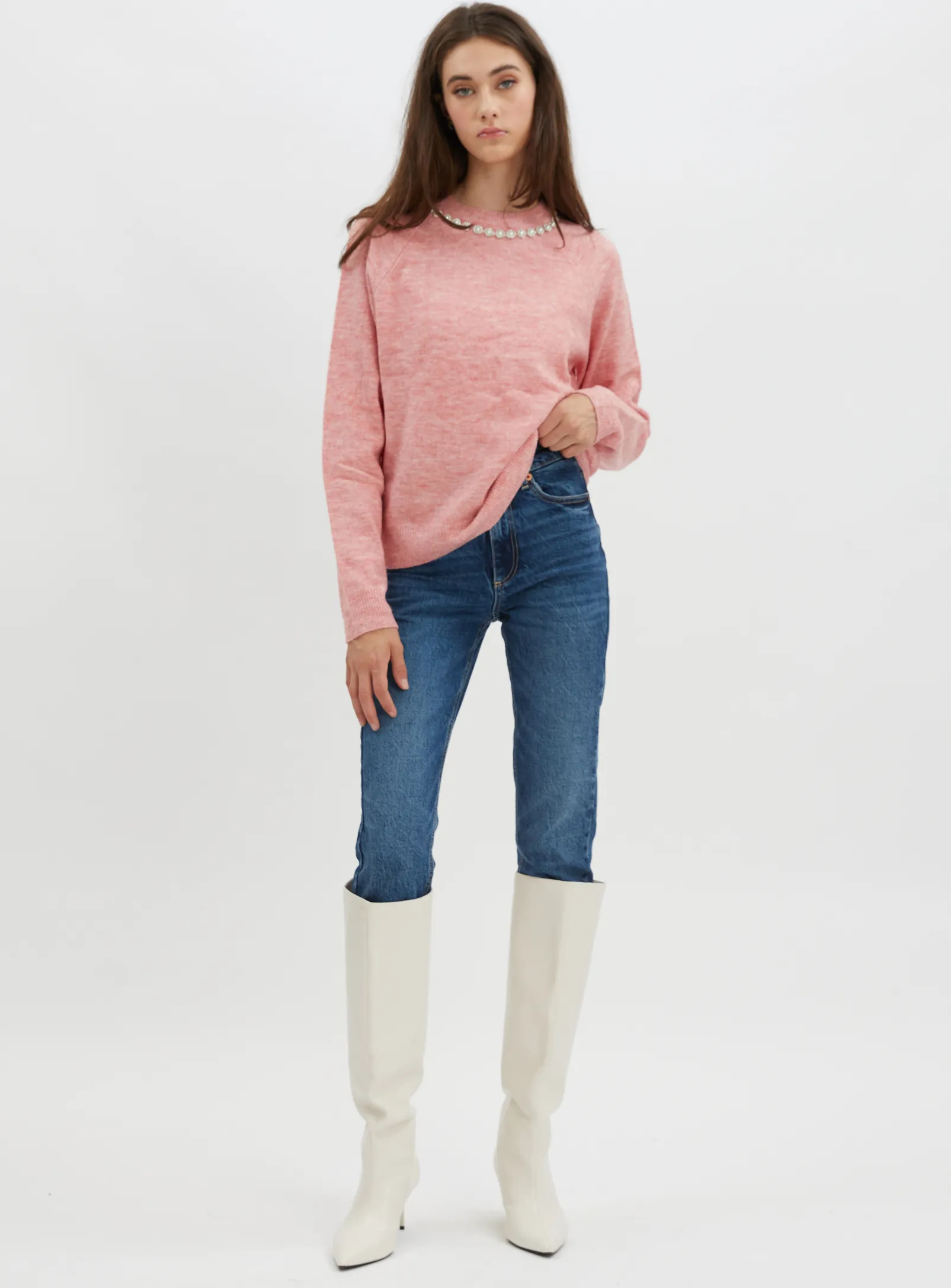 CHARLIE Round Neck Sweater with Jewel Neckline