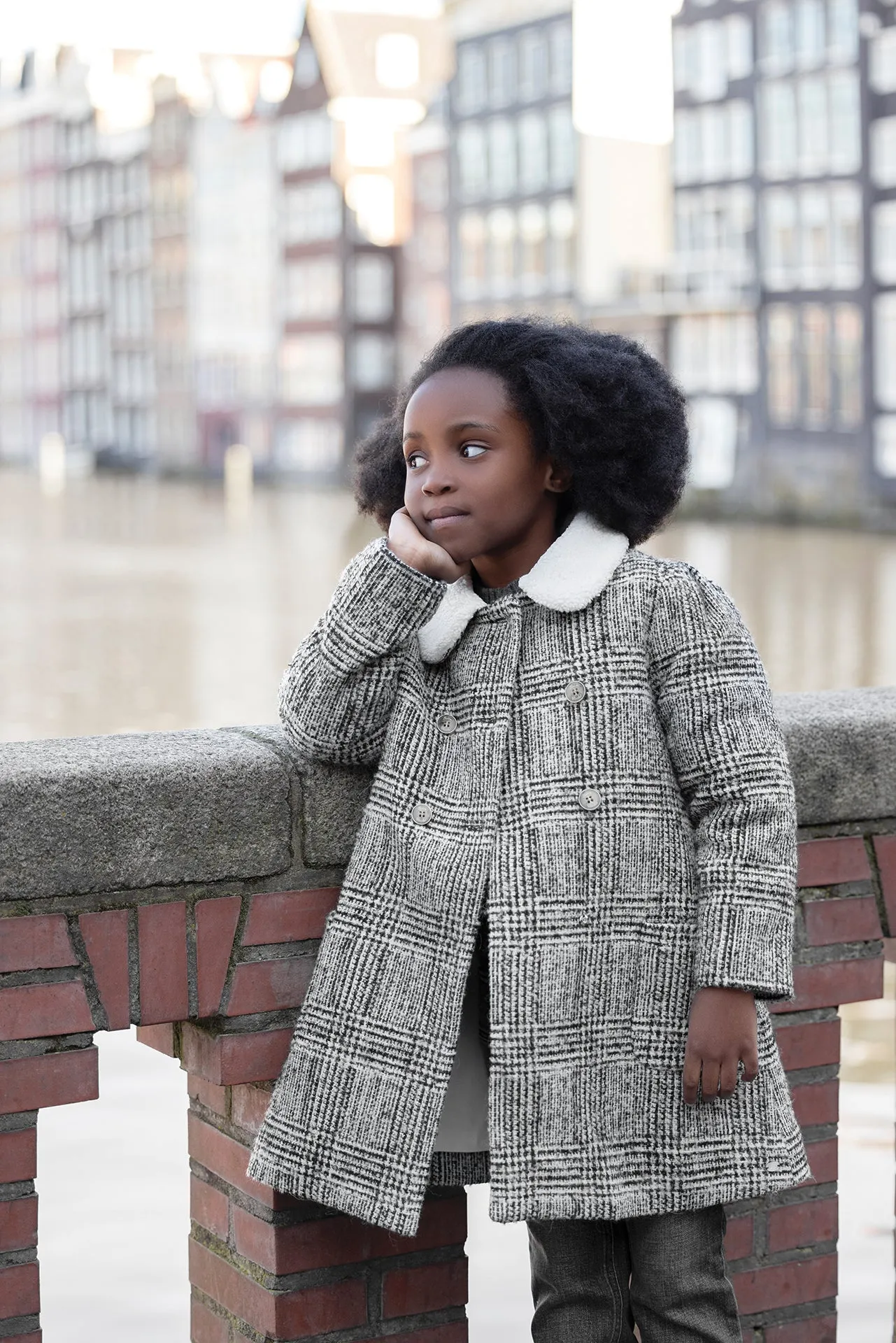 Check Grey Coat with Faux Fur Collar