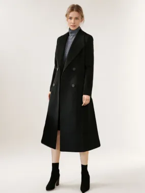 Classic Black Double Breasted Winter Coat with Sash for Women 2024