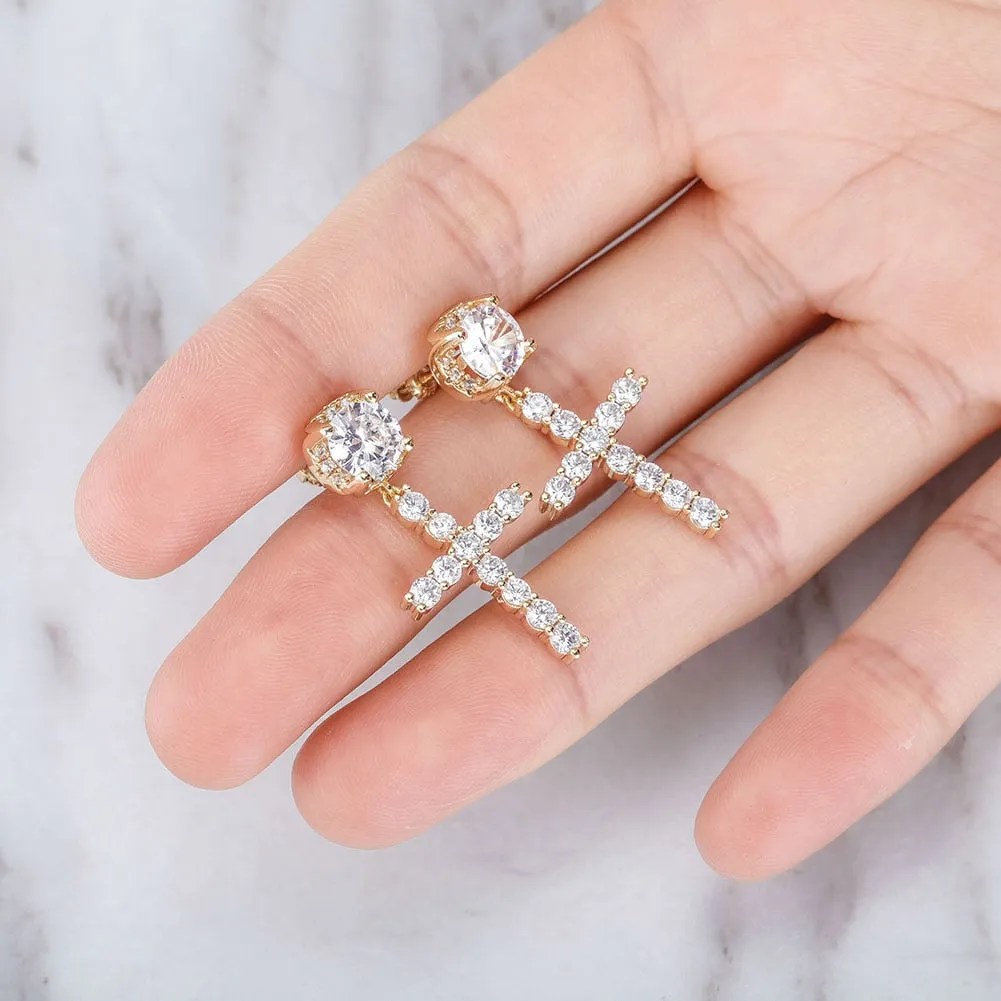 CZ Cross Drop Earrings - Classic Iced-Out Women's Fashion Jewelry