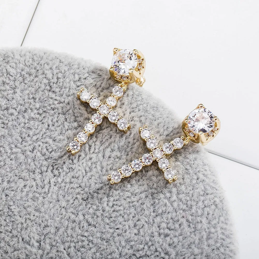 CZ Cross Drop Earrings - Classic Iced-Out Women's Fashion Jewelry