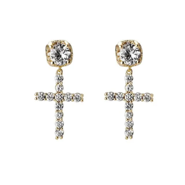 CZ Cross Drop Earrings - Classic Iced-Out Women's Fashion Jewelry