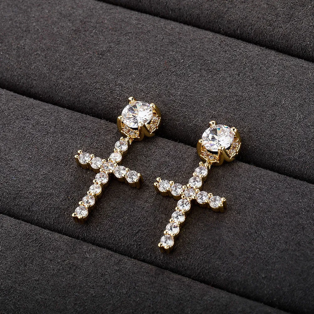 CZ Cross Drop Earrings - Classic Iced-Out Women's Fashion Jewelry