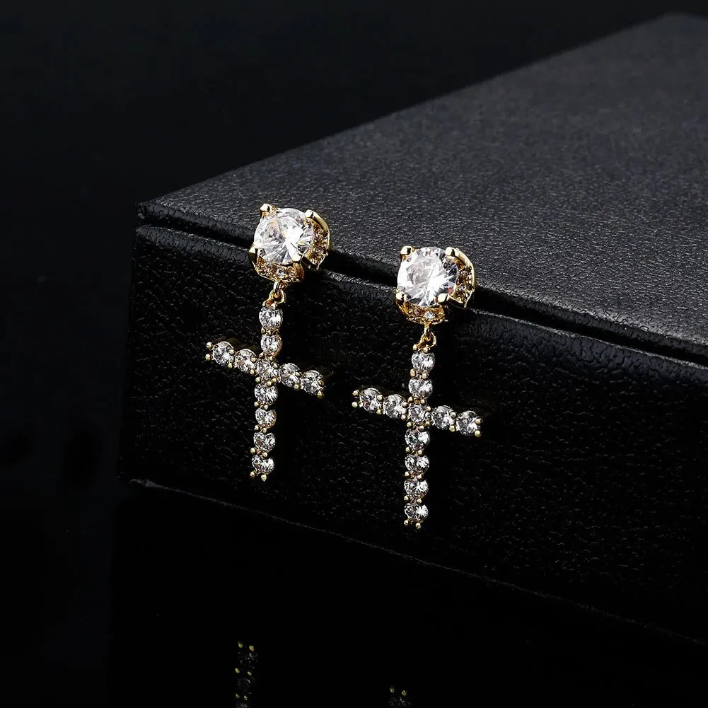 CZ Cross Drop Earrings - Classic Iced-Out Women's Fashion Jewelry