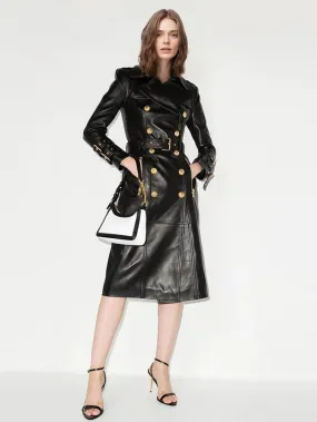 Double Breast Black PU Leather Trench Coat with Belt