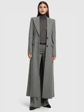 Gray Single Breast Longline Coat for Women with Padded Shoulders