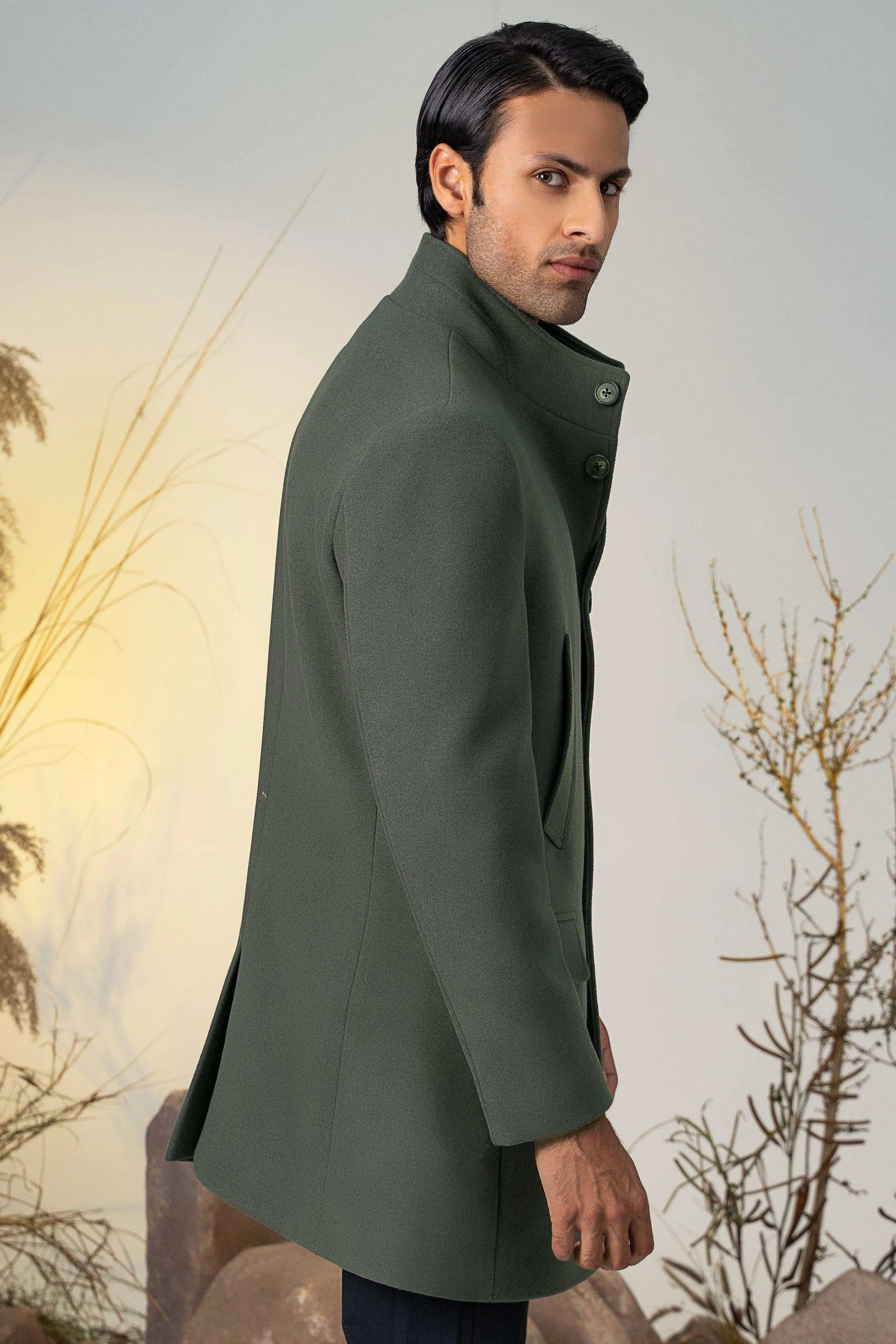 Green Long Coat with Collar Ban