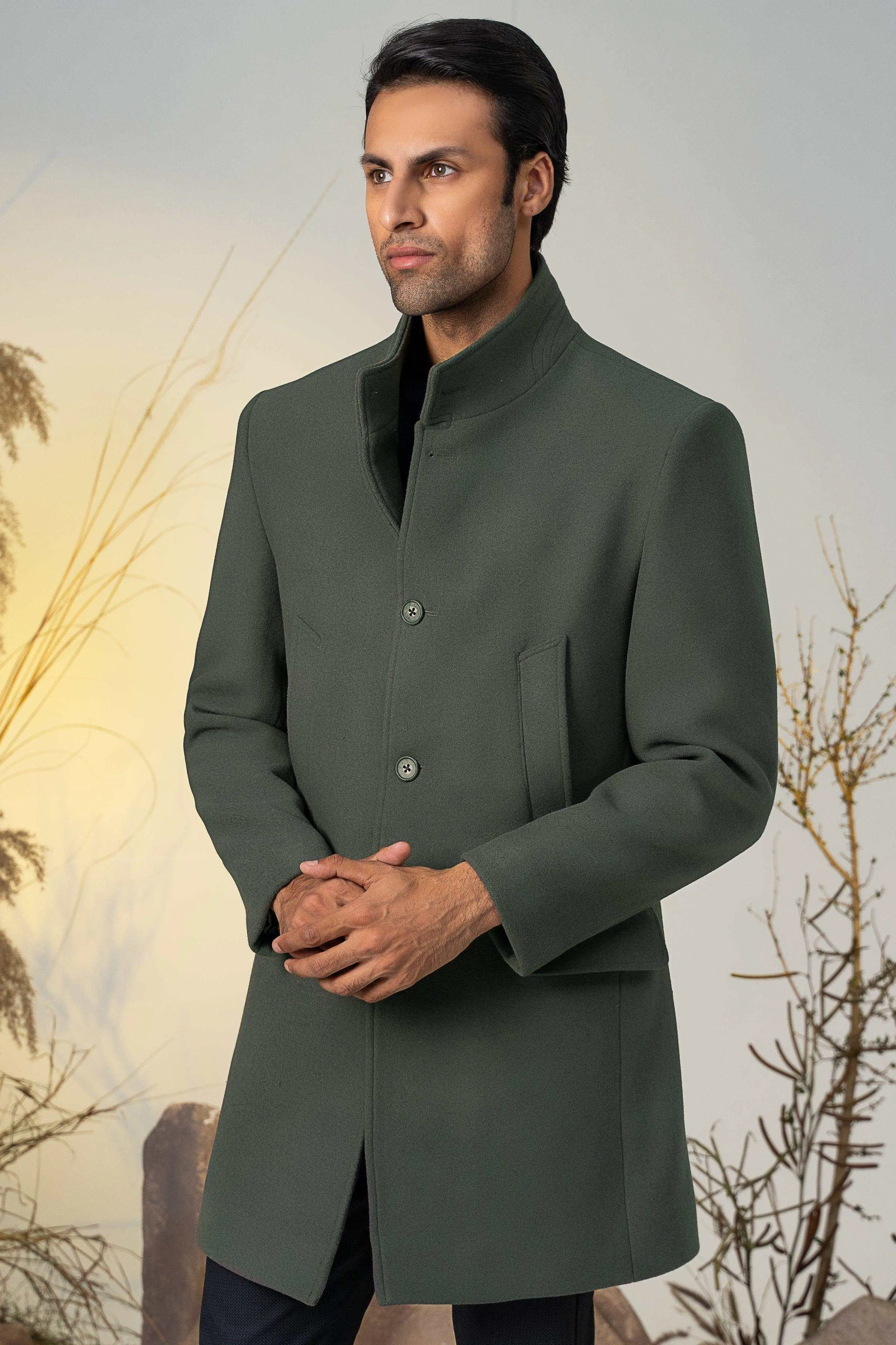 Green Long Coat with Collar Ban