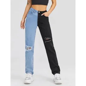 Half-Colored Ripped Denim Jeans