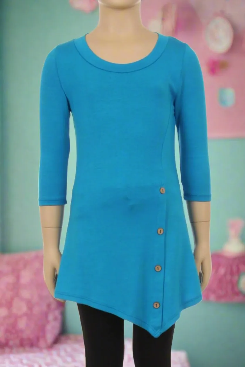 High-Low Dress for Girls, Long Tunic Top in Teal Blue, Sizes 6/8/10/12.