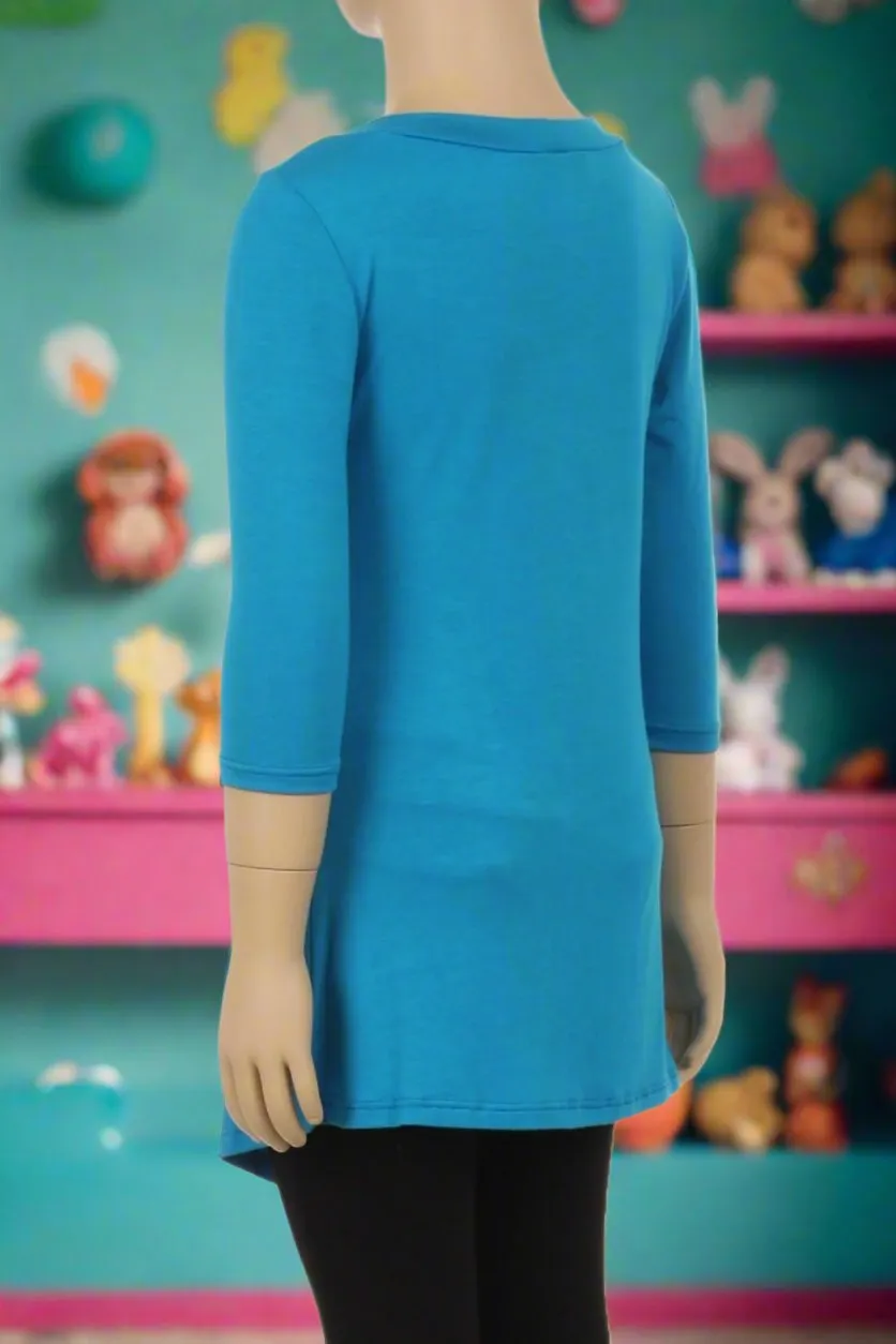 High-Low Dress for Girls, Long Tunic Top in Teal Blue, Sizes 6/8/10/12.