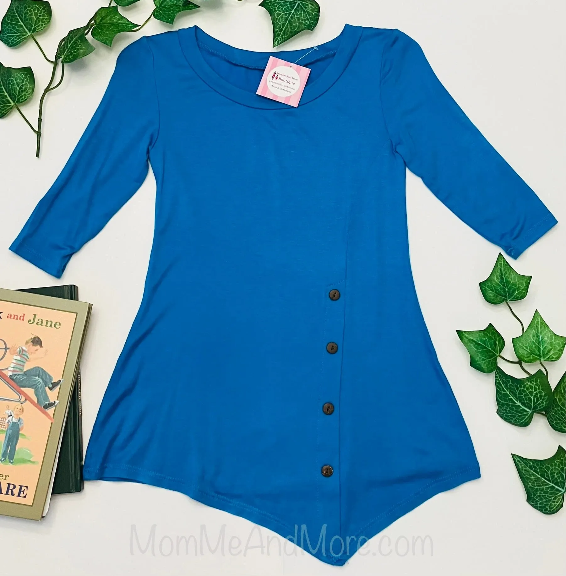 High-Low Dress for Girls, Long Tunic Top in Teal Blue, Sizes 6/8/10/12.