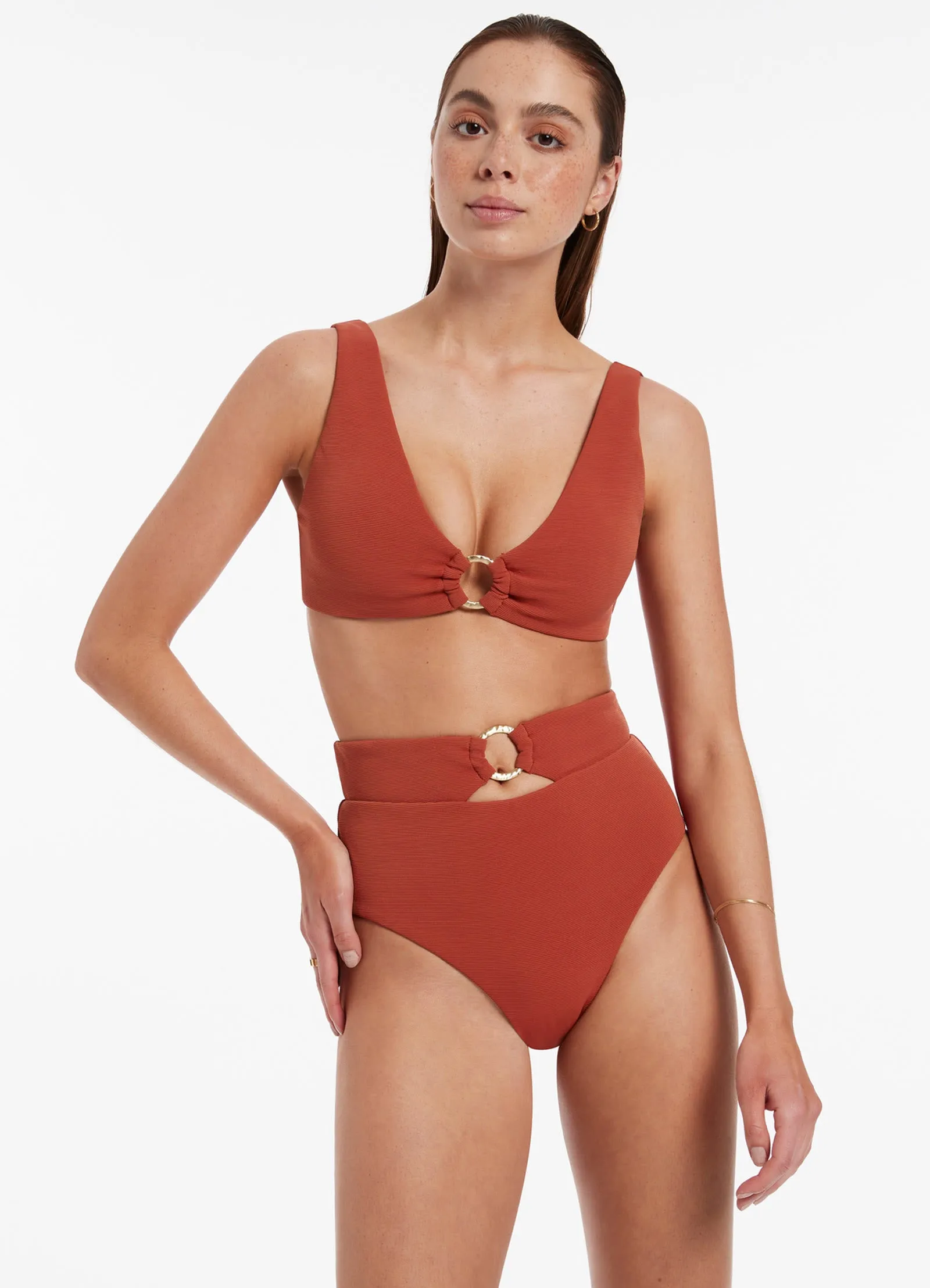 Isla Bikini Bottom with High Waist and Trim in Russet