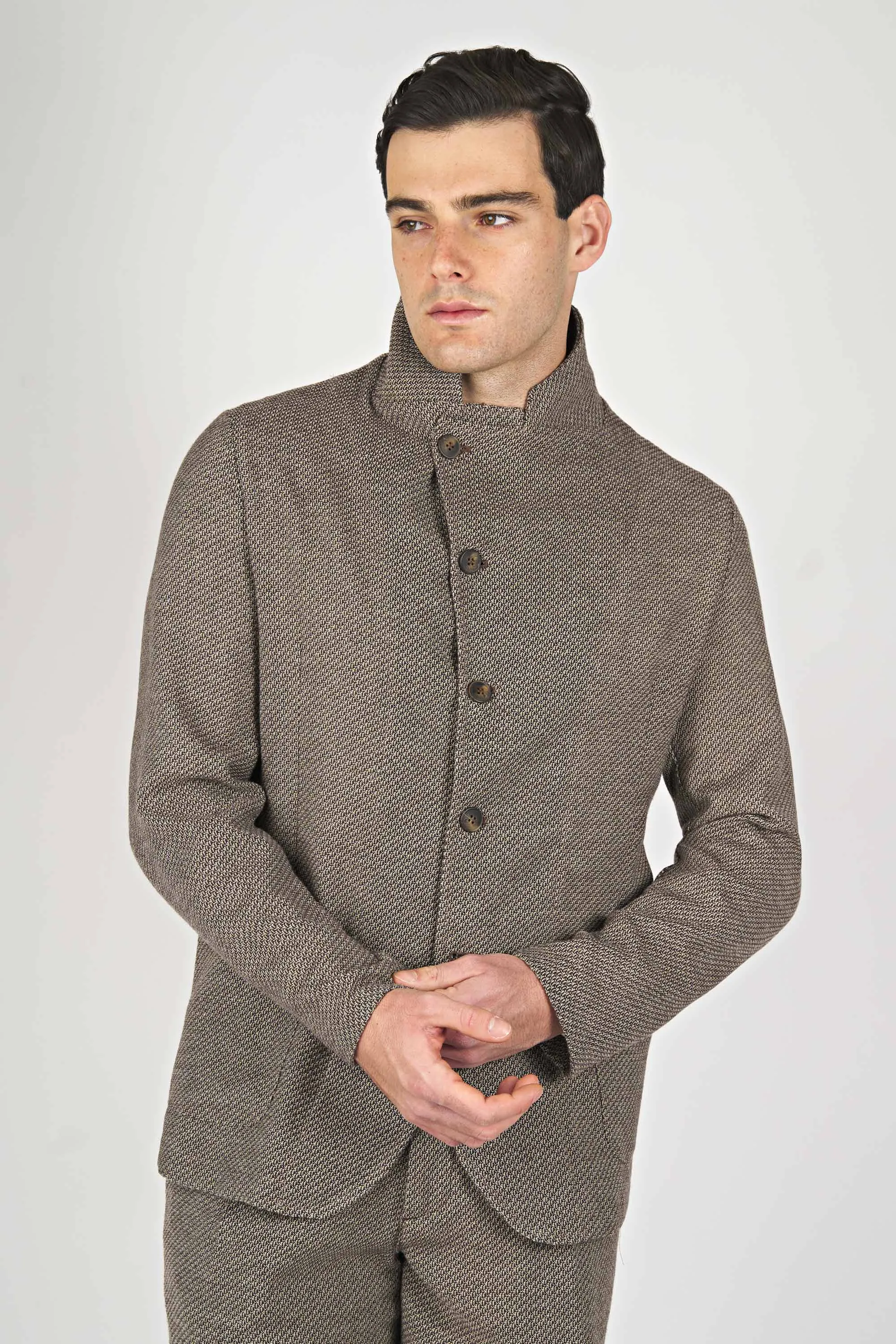 Italian-English Herringbone Star-Collar Coat