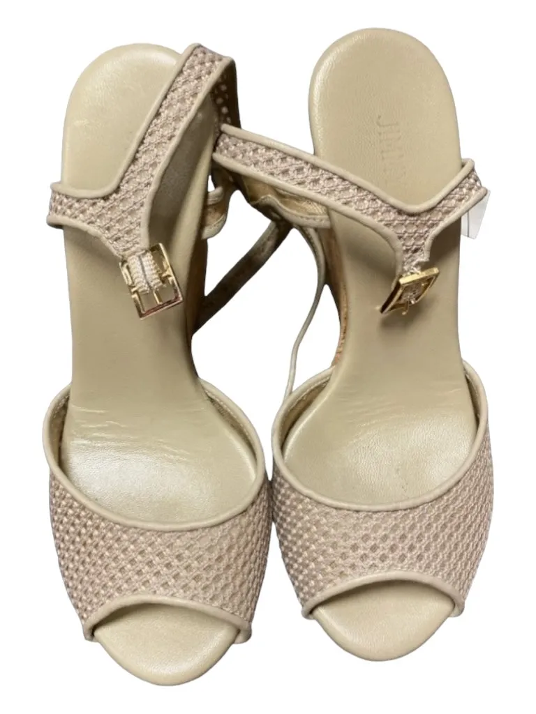 Taupe Fabric Peep Toe Wedge Jimmy Choo Shoes Size 36 Mesh Ankle Buckle