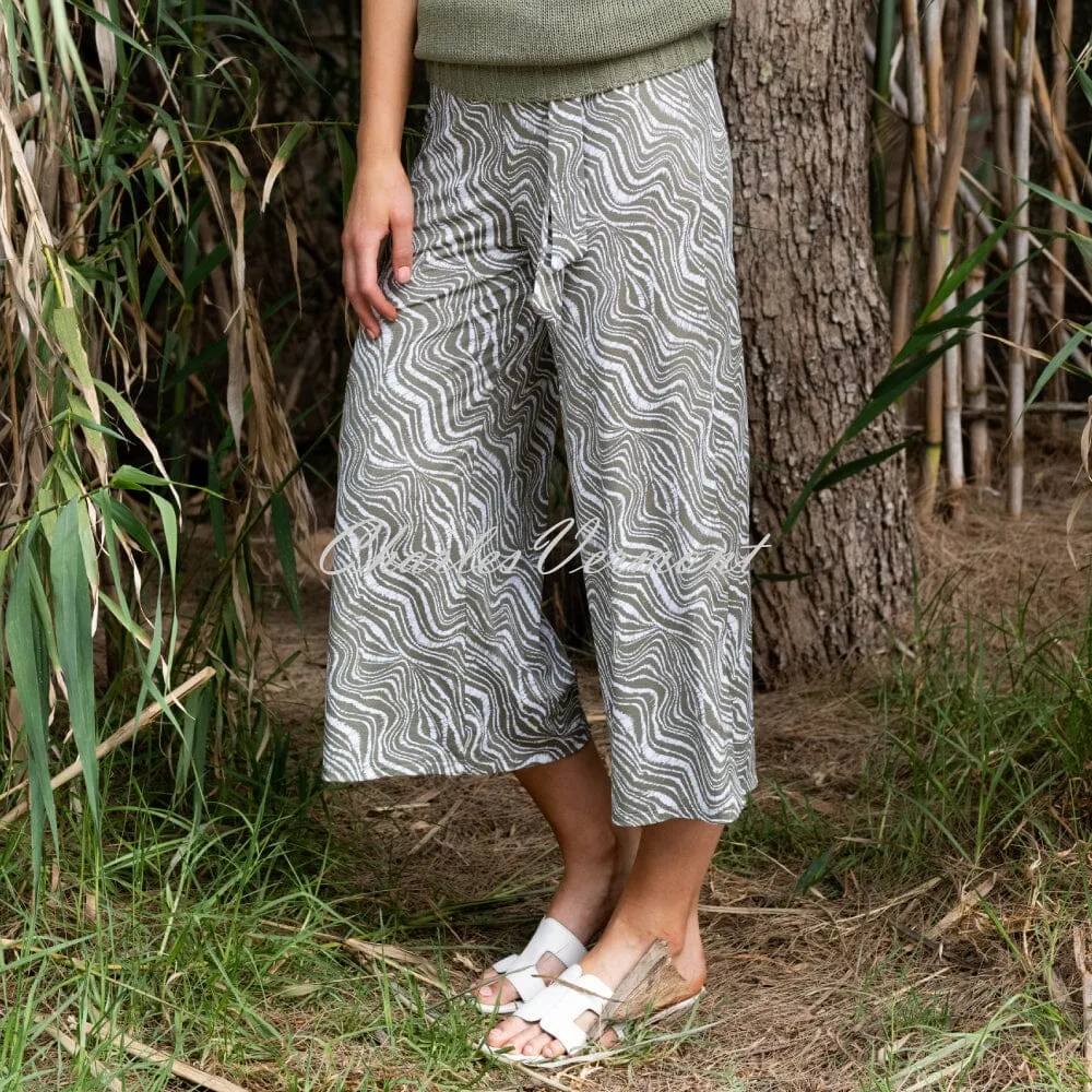 Khaki and White Culotte Trouser with Marble Wave Print - Style 7408-123