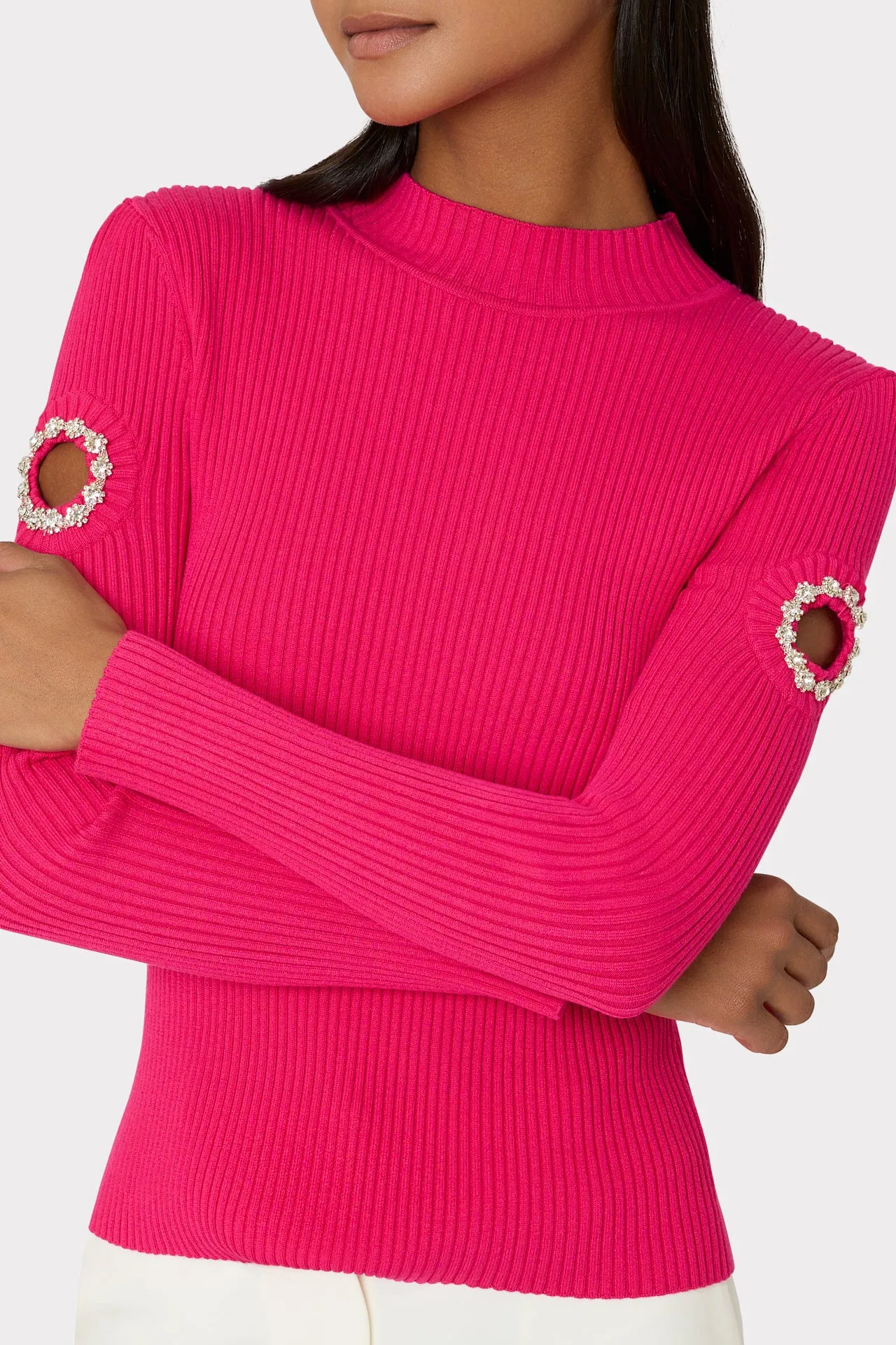 Knit Mock Neck Sweater with Cut Out Shoulders