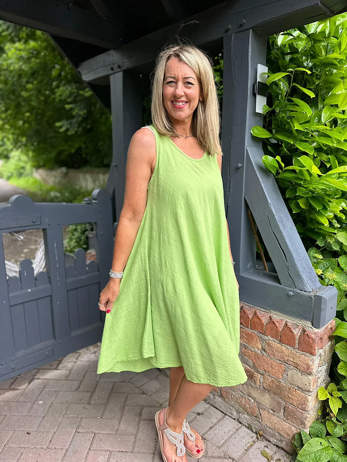 Lime Green Cotton Scoop Neck Dress for Women - Joyful Summer Outfit