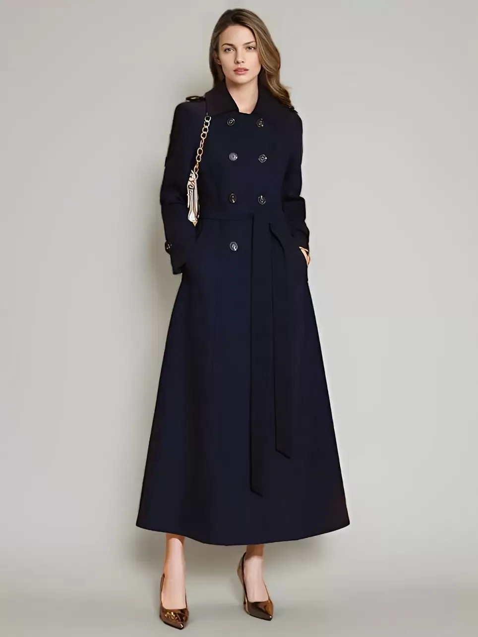 Long Women's Trench Coat with Turn-Down Collar and Button Closure