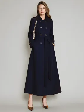 Long Women's Trench Coat with Turn-Down Collar and Button Closure